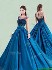 See Through Scoop Brush Train Quinceanera Dress with Cap Sleeves