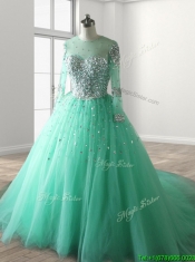 See Through Scoop Long Sleeves Beading Sweet 16 Dress with Brush Train
