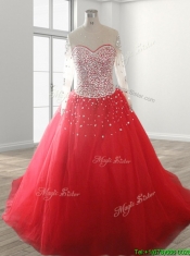 See Through Scoop Long Sleeves Quinceanera Dress with Beading