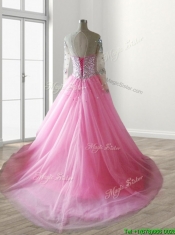 See Through Scoop Long Sleeves Quinceanera Dress with Beading