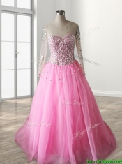 See Through Scoop Long Sleeves Quinceanera Dress with Beading