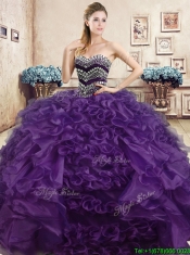 Affordable Beaded and Ruffled Organza Quinceanera Dress in Navy Blue