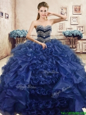 Affordable Beaded and Ruffled Organza Quinceanera Dress in Navy Blue