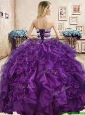Affordable Beaded and Ruffled Organza Quinceanera Dress in Navy Blue