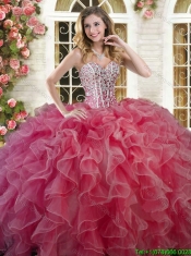 Beautiful Coral Red Big Puffy Quinceanera Dress with Ruffles and Beading