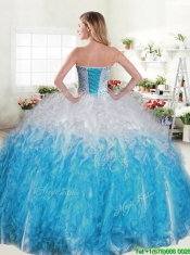 Cheap Beaded and Ruffled Quinceanera Dress in Blue and White