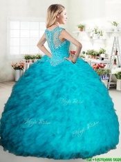 Cheap Beaded and Ruffled Turquoise Quinceanera Dress in Tulle