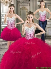 Cheap Beaded Bodice and Ruffled Detachable Quinceanera Dresses in Hot Pink