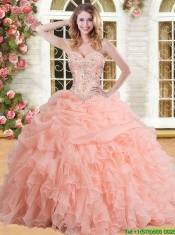 Cheap Organza Peach Quinceanera Dress with Appliques and Ruffles