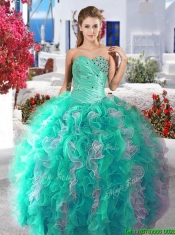 Cheap Turquoise and White Detachable Quinceanera Dresses with Beading and Ruffles