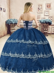Classical Navy Blue Organza Sweet 16 Dress with Beading and Appliques