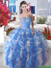 Comfortable Applique and Ruffled Detachable Quinceanera Dresses in Blue and White