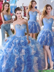 Comfortable Applique and Ruffled Detachable Quinceanera Dresses in Blue and White