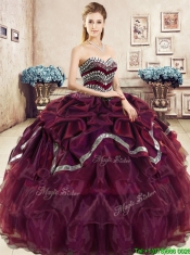 Comfortable Burgundy Quinceanera Dress with Beading and Pick Ups