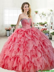 Discount Coral Red Quinceanera Dress with Beading and Ruffles