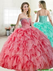 Discount Coral Red Quinceanera Dress with Beading and Ruffles