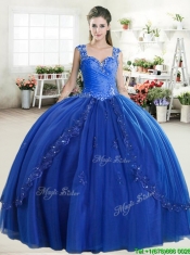 Discount Straps Royal Blue Quinceanera Dress with Beading and Appliques