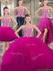 Discount Tulle Fuchsia Detachable Sweet 16 Dresses with Beading and Ruffles