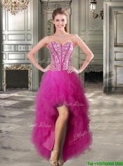 Discount Tulle Fuchsia Detachable Sweet 16 Dresses with Beading and Ruffles