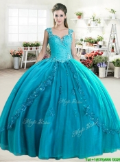 Elegant Straps Beaded and Applique Quinceanera Dress in Turquoise