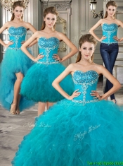 Exclusive Big Puffy Teal Detachable Quinceanera Dresses with Beading and Ruffles