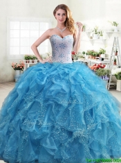 Exquisite Beaded and Ruffled Quinceanera Dress in Aqua Blue