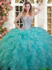 Exquisite Ruffled and Beaded Aqua Blue Quinceanera Dress in Organza