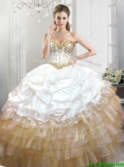 Fashionable Beaded and Pick Ups Quinceanera Dress in White and Gold