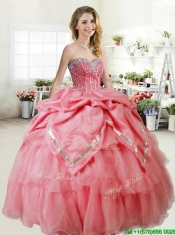 Gorgeous Beaded and Pick Ups Quinceanera Dress in Coral Red