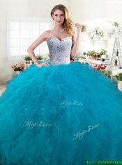 Inexpensive Beaded and Ruffled Big Puffy Quinceanera Dress in Teal