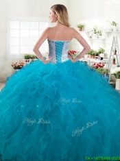 Inexpensive Beaded and Ruffled Big Puffy Quinceanera Dress in Teal