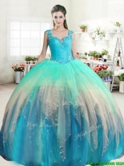 Latest Straps Beaded and Ruffled Quinceanera Dress in Rainbow