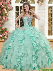 Lovely Big Puffy Apple Green Quinceanera Gown with Beading and Ruffles