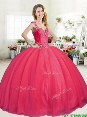 Lovely Straps Big Puffy Beading Quinceanera Dress in Coral Red