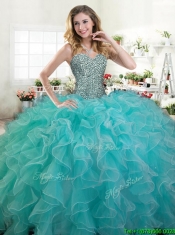 Lovely Turquoise Organza Quinceanera Dress with Beading and Ruffles