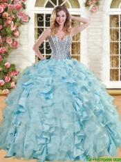 Luxurious Big Puffy Light Blue Quinceanera Dress with Beading and Ruffles