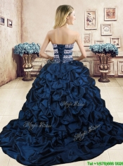 Luxurious Navy Blue Brush Train Quinceanera Dress with Beading and Pick Ups