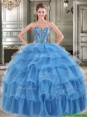 Modest Beaded and Ruffled Layers Detachable Quinceanera Dresses in Blue
