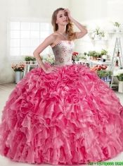 Modest Beaded and Ruffled Organza Quinceanera Dress in Hot Pink