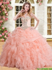 Modest Big Puffy Peach Quinceanera Dress with Appliques and Ruffles