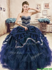 Modest Navy Blue Organza Quinceanera Dress with Beading and Pick Ups