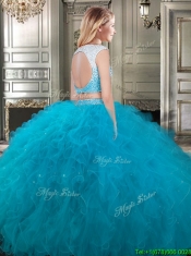 Modest Scoop Cap Sleeves Teal Detachable Sweet 16 Dresses with Beading and Ruffles