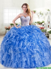 New Arrivals Beaded and Ruffled Blue Quinceanera Dress in Organza