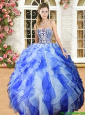 New Royal Blue and White Quinceanera Dress with Beading and Ruffles