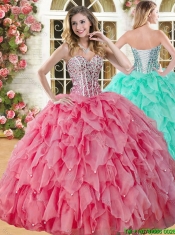 Perfect Big Puffy Coral Red Quinceanera Dress with Beading and Ruffles
