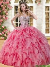 Perfect Big Puffy Coral Red Quinceanera Dress with Beading and Ruffles