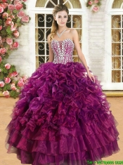 Popular Ruffled and Beaded Organza Quinceanera Dress in Burgundy