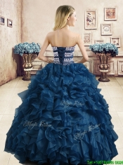 Unique Beaded and Ruffled Organza Quinceanera Dress in Navy Blue
