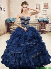 Unique Beaded and Ruffled Organza Quinceanera Dress in Navy Blue