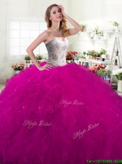 Unique Fuchsia Tulle Quinceanera Dress with Beading and Ruffles